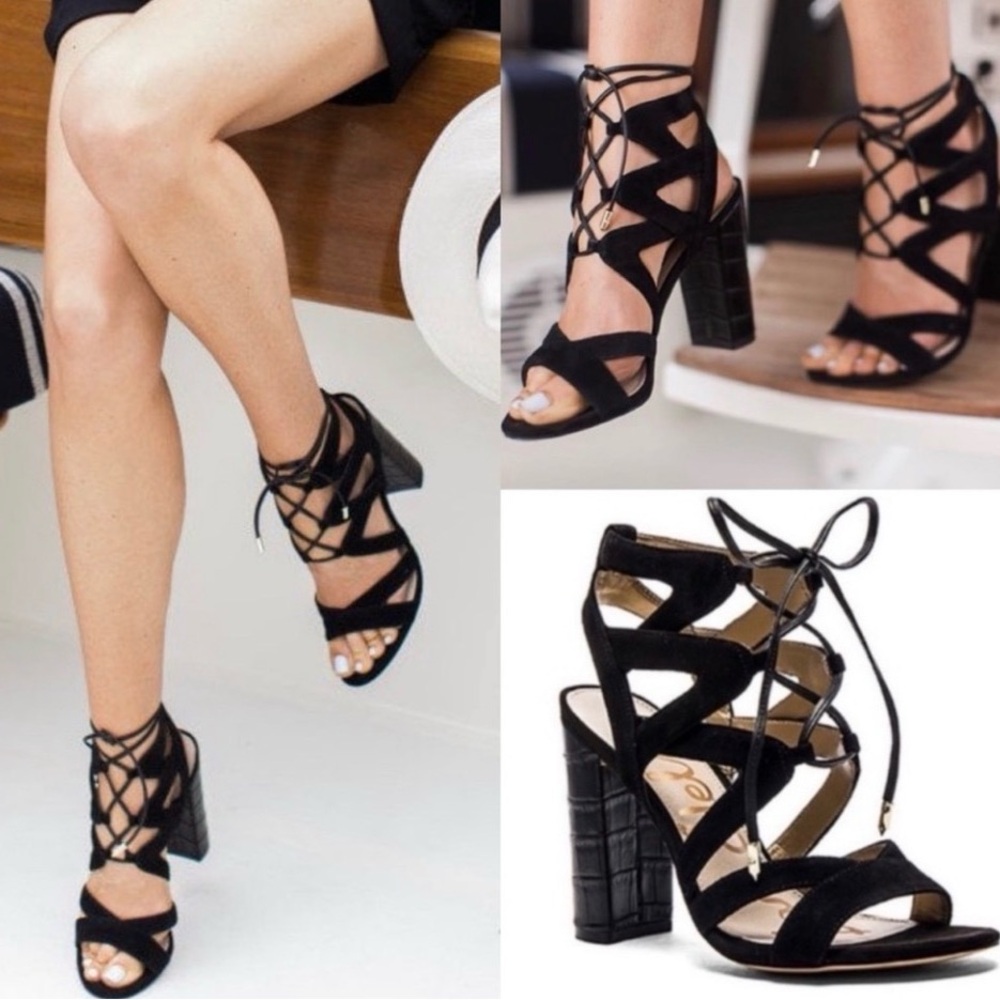 SAM EDELMAN YARDLEY Black Suede Lace-up Strappy Heels SZ 7.5M $120